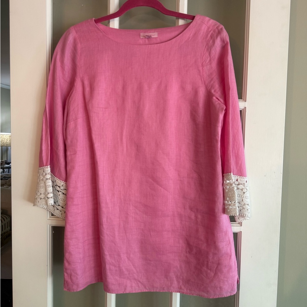 RARE VINTAGE EUC Lilly Pulitzer Old Money Pink Linen Embellished Tunic Top Sz S